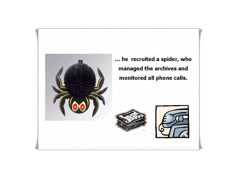 ...he recruited a spider, who managed the archives and monitored all phone calls