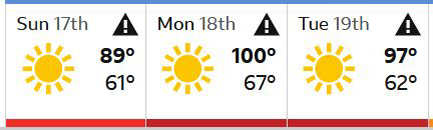 Screenshot from BBC Weather site showing temperatures of 89, 100, and 97 degrees F over three days