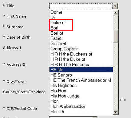 Drop-down menu from ROyal Opera House website showing a list of personal titles including 'Duke of' above 'Earl'