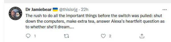 Tweet: 'The rush to do all the important things before the switched was pulled [...] answer Alexa's heartfelt question as to whether she'll dream...'