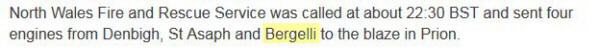 Screenshot from the BBC website stating that a fire crew was sent from 'Bergelli'