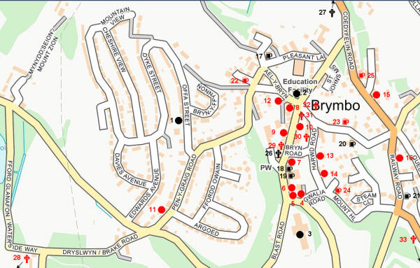 Map showing the locations of shops, churches, chapels and pubs - past and present - in Brymbo
