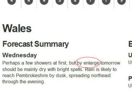 Screenshot from BBC Weather page saying '..by enlarge tomorrow should be mainly dry...'