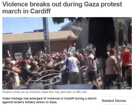 Screenshot from the BBC News website with headline 'Violence breaks out during Gaza protest march in Cardiff'