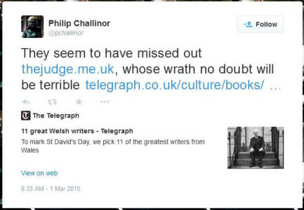 Screenshot of a tweet suggesting I had been wrongly missed out of the Telegraph's list of 'Great Welsh Writers'
