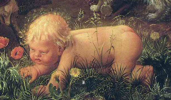 Detail from the painting 'The Triumph Of Death' by Otto Dix showing a small, grumpy baby