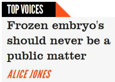 Screenshot from the 'Independent' referring to 'frozen embryo's'