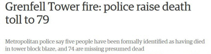 Screenshot from the 'Guardian': Grenfell Tower fire: police raise death toll to 79