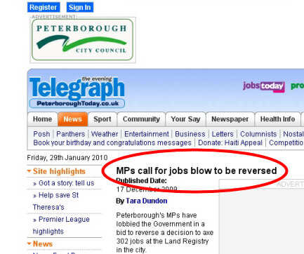 News headline saying 'MPs Call For Jobs Blow To Be Reversed'