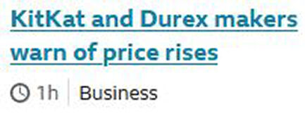 Screenshot from BBC: 'KitKat and Durex makers warn of price rises