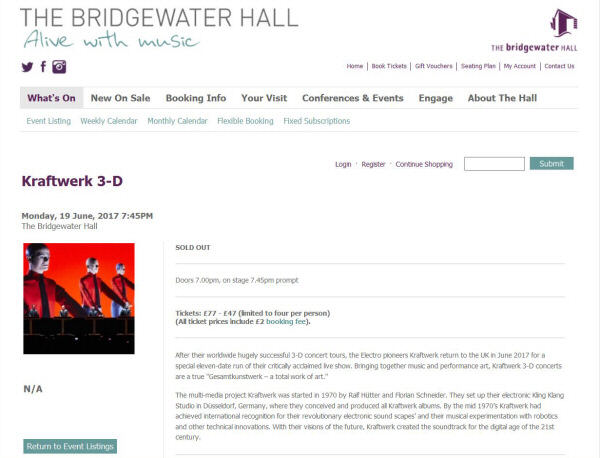 Announcement about the Kraftwerk 3-D concert at the Bridgewater Hall, Manchester in June 2017