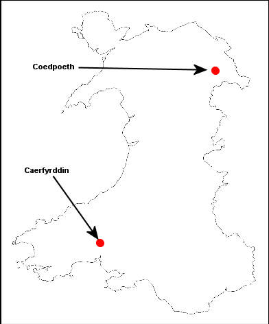 Map o Gymru yn dangos lleioliad Caerfyrddin a Choedpoeth