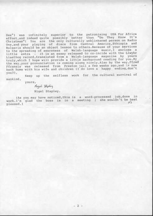 Second page of my letter to John Peel in March 1987