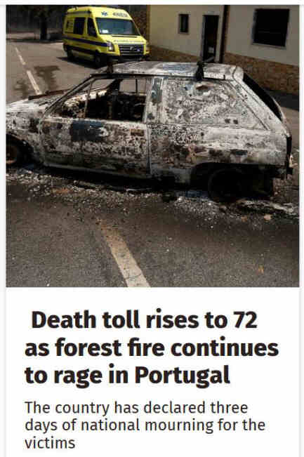 Screenshot from the 'Independent' stating that the Portuguese government had declared three days of national mourning after 72 people were killed by forest fires