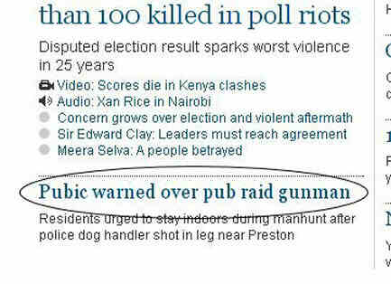 Screenshot of headline saying 'Pubic warned over pub raid gunman'