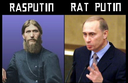 Side-by-side pictures of Rasputin and Vladimir Putin