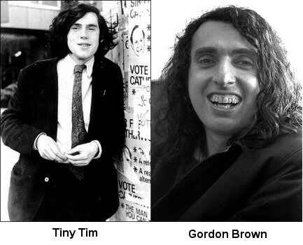 Photos of a young Gordon Brown and Tiny Tim side by side, with the captions switched