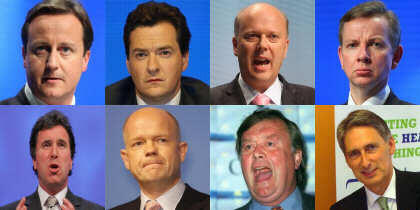 Photos of Tory Shadow Cabinet members David Cameron, George Osborne, Chris Grayling, Michael Gove, Oliver Letwin, William Hague, Kenneth Clarke and Philip Hammond