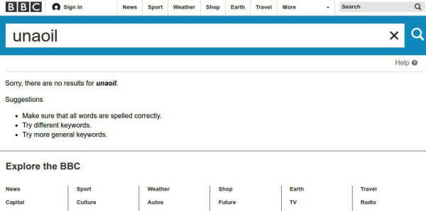 Screenshot of the search on the BBC News website showing no results for 'Unaoil'