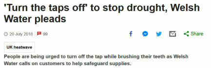 Screenshot from BBC news website: ''Turn the taps off' to stop drought, Welsh Water pleads'