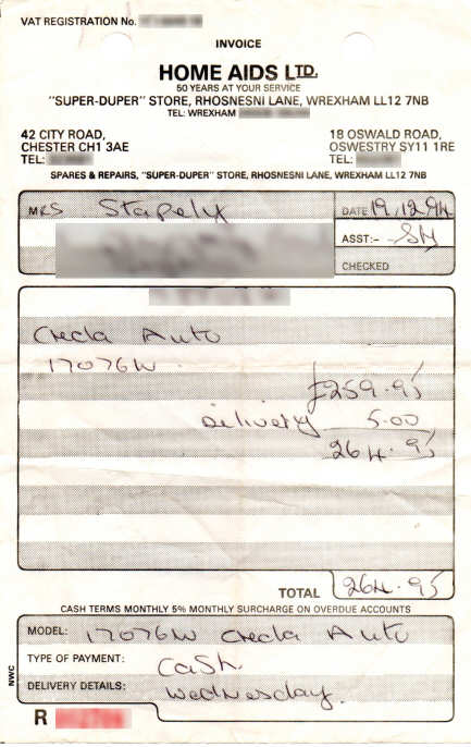 Scan of a receipt for a washing machine