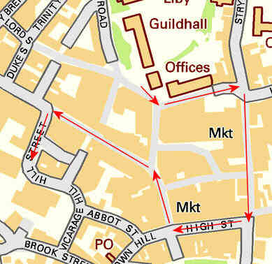 Map of the route of a protest march through Wrexham