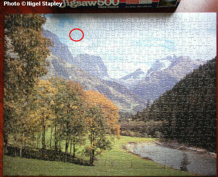 Photo of a completed jigsaw of a Swiss Alp