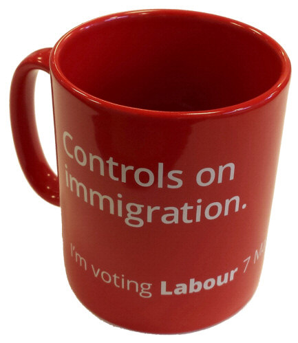 Photo of a red coffee mug with 'Controls on immigration' painted on the side