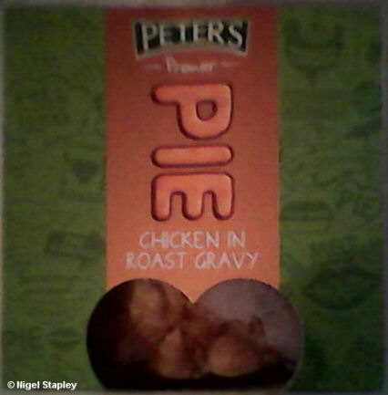 Photo of a pie box saying 'Chicken in Roast Gravy