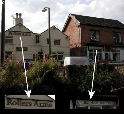 Hairdressers' next door to a pub called The Rollers Arms
