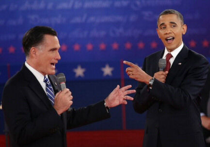 Picture of Mitt Romney and Barack Obama at a presidential debate looking like they're singing to each other