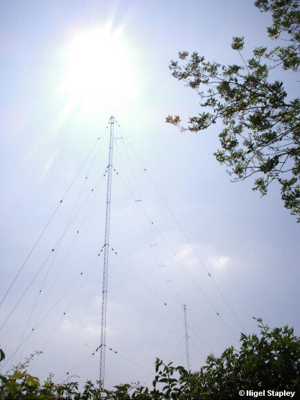 Photo of two transmitter masts with a set of wires strung between them