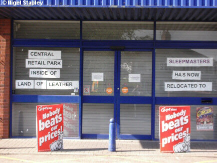 Notice where the sentence has been put up out of sequence, saying 'Central Retail Park inside of World Of Leather Sleepmasters has now relocated to'